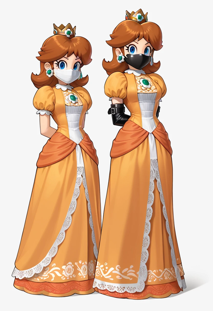 score_9, score_8_up, score_7_up, 1girl, ( (Daisy, princess Daisy from super mario lore, princess Daisy, orange long dress, wearing orange dress, crown), (front view), perfect proportions, simple background, standing, , bound arms, arms behind back, full body, tight mask, black mask,  (armbinder: 1.3),  ) 