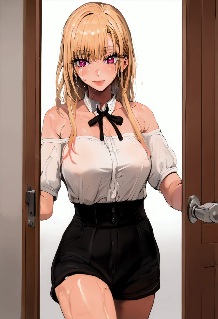 mamimi style, digital painting, Marin Kitagawa, blonde hair, dark pink eyes, MarinCasual, off-shoulder shirt, white shirt, bare shoulders, short sleeves, neck ribbon, black ribbon, high-waist shorts, black shorts, buttons,  behind a door, doorway, devious smile, standing, (sweat), fog, stray pubic hair, faceless male behind her,  size difference, peeksex, (Barely) Hidden Sex / NTR