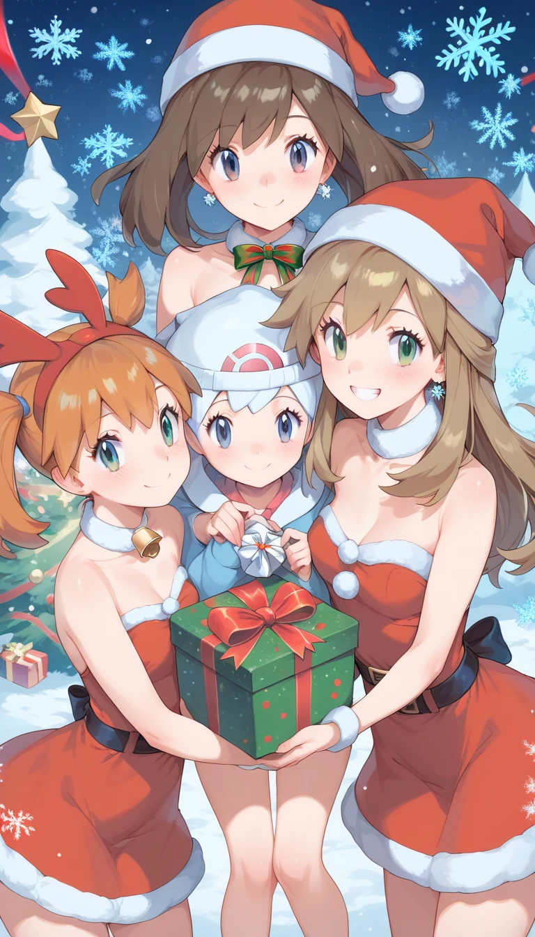 Character pokemon, Three girls , Misty , Dawn, May, together, smile , friends , Christmas, snowflakes, gifts, Christmas dresses, beautiful girls,pokemon illustration 