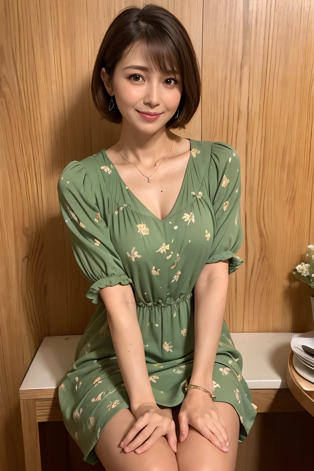 ((Best Quality, 8K, masutepiece:1.3)), Focus: 1.2, Perfect Body Beauty: 1.4, Buttocks: 1.2, ((Layered Haircut, breasts: 1.2)), (Wet clothes: 1.1), (Restaurant at night), Highly detailed face and skin texture, Fine eyes, Double eyelids, Whitening skin, Very short bob hair, Smile,Photo taken with 85mm lens, Blurry background, kawaii, 20 years old, Mio Imada