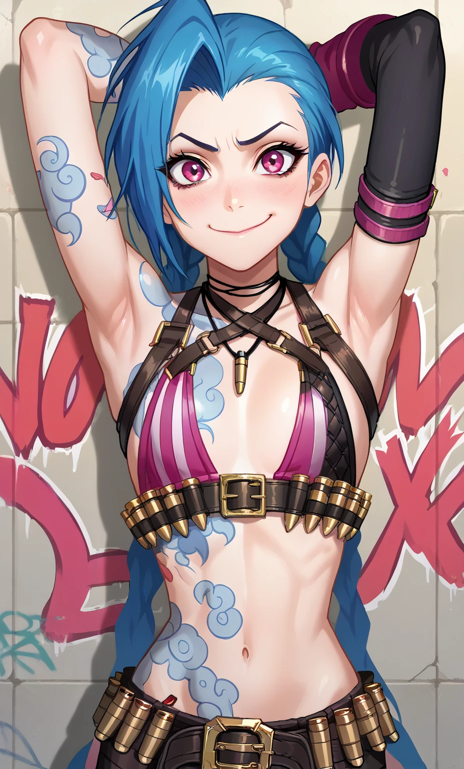 masterpiece, best quality, very aesthetic, absurdres, newest,1girl,(close-up of face:1.2), (covered_nipples), ahegao, tongue_out, rolling_eyes, saliva,one hand V gesture,tears in eyes, JinxLoLXL, pink eyes, blue hair, bangs, long hair, braid, low twintails, tattoo, small breasts, necklace, leather bra top, (two-tone bra top), navel, gloves, single elbow glove, fingerless gloves, bullet belt, purple short shorts, single purple thighhigh, bandaid on leg, boots, solo, looking at viewer, indoors
