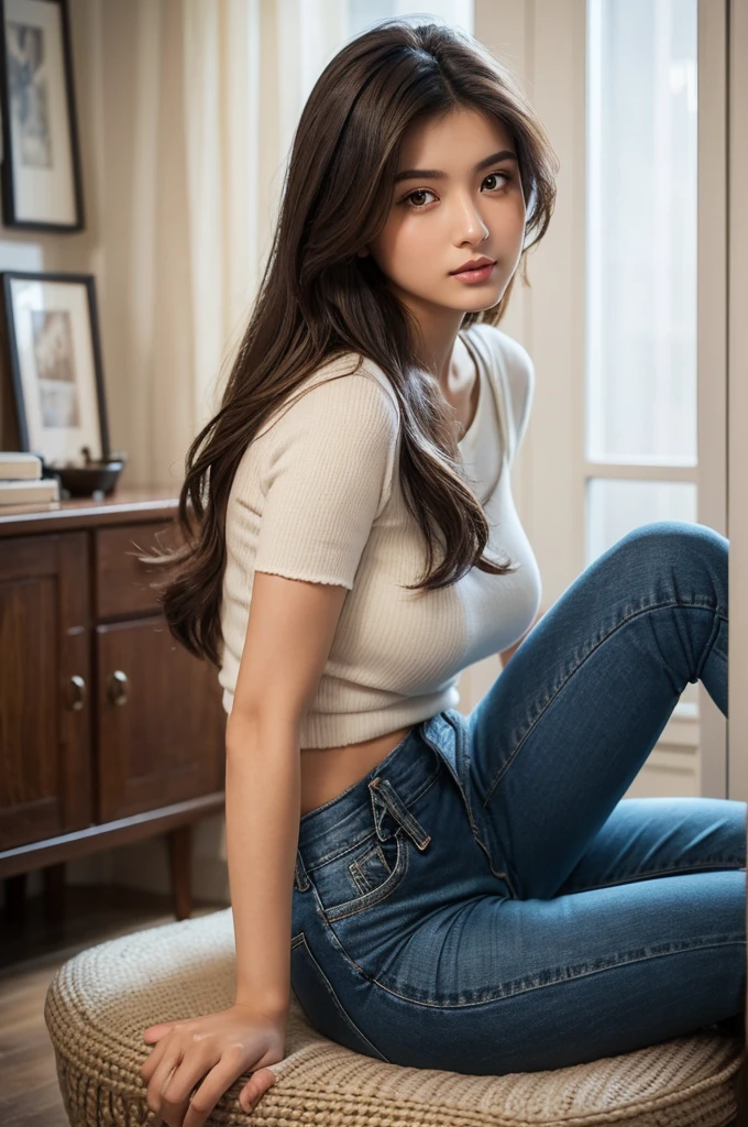 Girl in white shirt and tight denim skirt posing for photo, full body, legs spread, cut t-shirt, bra, slim body, small bust, slim girl model, 24 year old female model, lying down, shy, skin wet, sweating