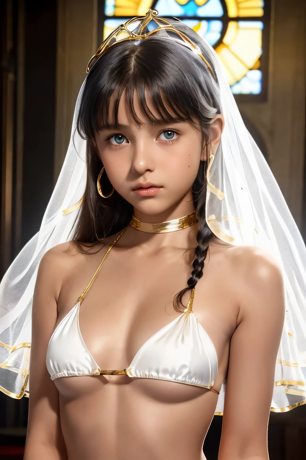 best quality, masterpiece, young french girl, blue eyes, (14yo:1.4), ((tanned skin)), (silhouette lighting:1.1), (upper body:1.5), braids hair with bangs, medium breast, hourglass figure, oily skin, (white silk bikini with gold accents:1.2), (underboob:1.4), ((tiara, face veil), hands down, at church