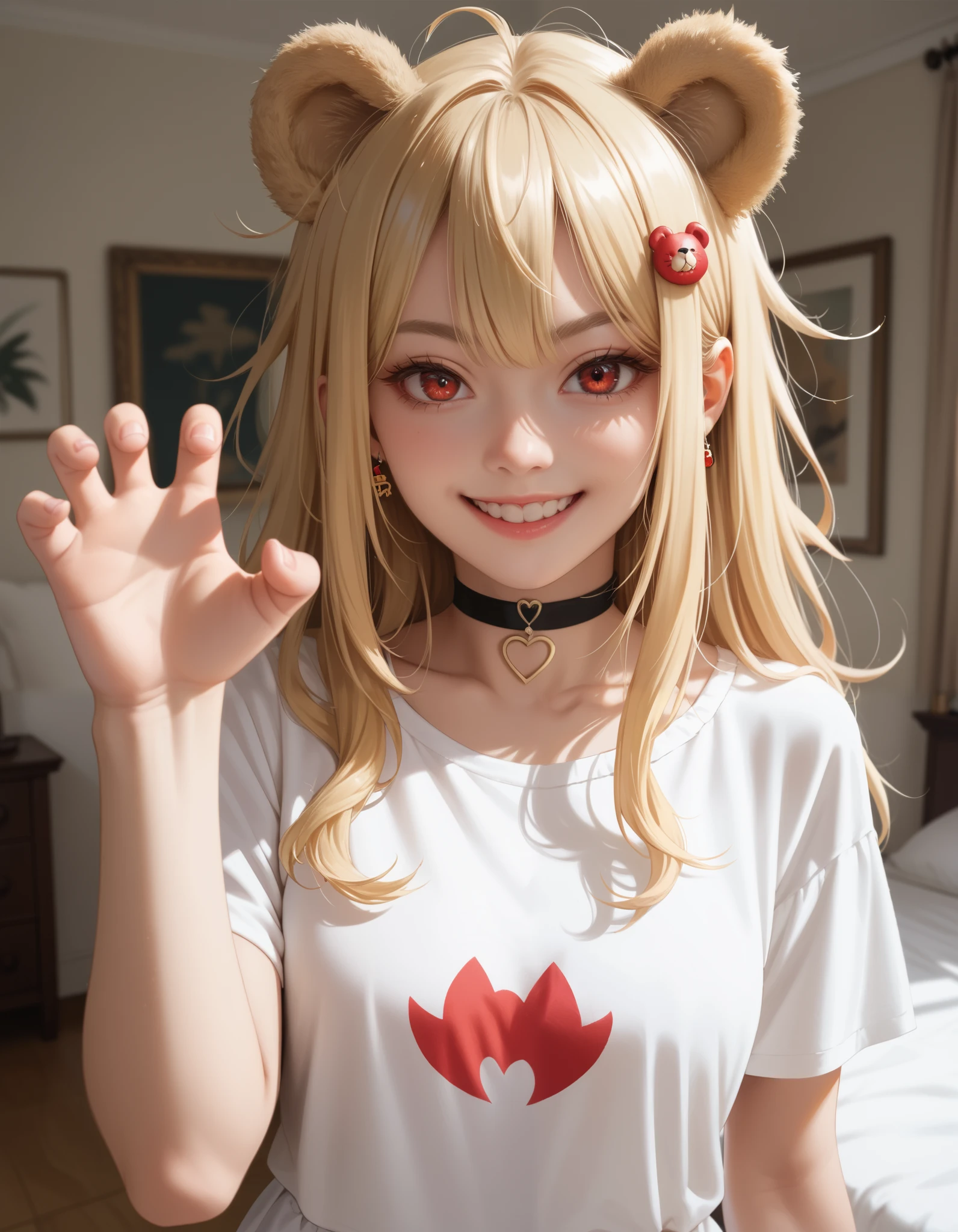 1girl, blonde hair, messy hair, long hair, red eyes, animal ears, bear ears, hairpin, short dress, choker, claw pose, evil smile, indoors, bedroom BREAK,masterpiece, best quality,score_7_up,score_8_up,score_9,