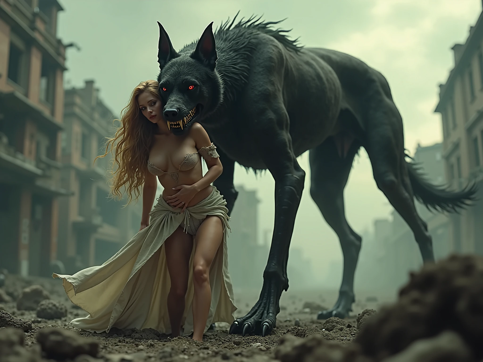 an american werewolf in london, muscular, movie screenshot, werewolf/feral wolf female mating, side view, from behind, breasts, doggystyle,