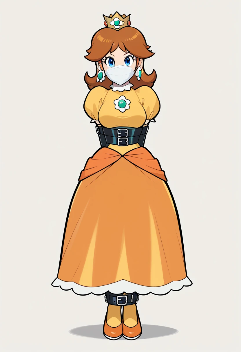 score_9, score_8_up, score_7_up, 1girl, ( (Daisy, princess Daisy from super mario lore, princess Daisy, princess_daisy, orange dress, brown hair, blue eyes, flower earrings, crown), (front view), perfect proportions, simple background, standing, , bound arms, arms behind back, full body, tight mask, black mask,  (armbinder: 1.3),  ) 