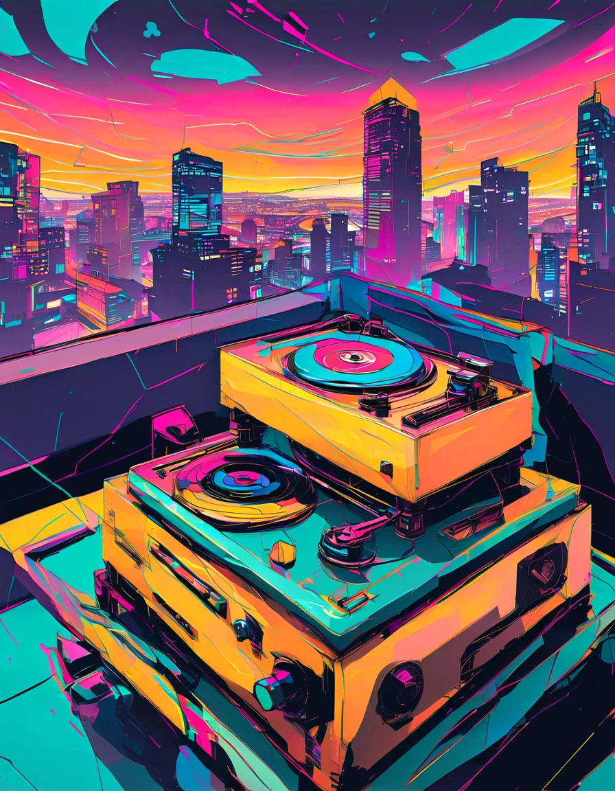 graphic design, Avant-garde pop art. Stylish Retro Illustration of a record player in a room with a city view, Emotional illustrations that can be used in lofi girl, (illustration of a girl), Inside the room, Vintage Recorder Retro illustration, Retrowave, Beautiful artwork illustration, very colorful tones