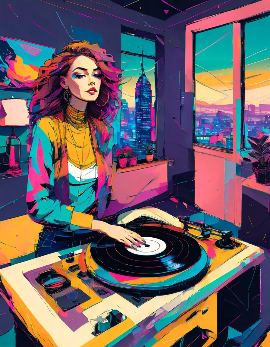 graphic design, Avant-garde pop art. Stylish Retro Illustration of a record player in a room with a city view, Emotional illustrations that can be used in lofi girl, (illustration of a girl), Inside the room, Vintage Recorder Retro illustration, Retrowave, Beautiful artwork illustration, very colorful tones