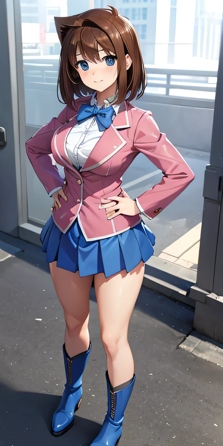 1 Female,High definition,high resolution,Ultra-realistic,8K, aamazaki, (antenna hair:1.2), blue bowtie,blue eyes, pink jacket, blazer, long sleeves, blue skirt, tight skirt, ((miniskirt)), large breasts,European,sexy,Upper body close-up,Photographed from the front,Dynamic Angles,(blush), (medium tits) ,(hands on hips),(full body),(blue boots), standing