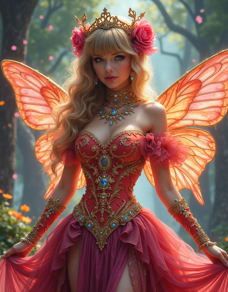 a picture of a jungle fairy, an extraordinary beautiful, elegant beauty, divine beautiful fairy, ((anatomically correct: 1.5)) spread butterfly wings, colorful wings, pink eyes, glowing eyes, (ultra detailed face: 1.2), best detailed face,  blond hair, rich hair, wavy hair, glamour dress, wild dress, dress decorated with jungle flowers,  sitting on massive heliconia tree the rain forest, sun rays coming through the trees, Hyperrealism style, vibrant, Ultra-high resolution, High Contrast, (masterpiece:1.5), highest quality, Best aesthetics), best details, best quality, highres, ultra wide angle, 16k, [ultra detailed], masterpiece, best quality, (extremely detailed) RAW, Cinematic Hollywood Film style, FairyTaleAI, fairy wings, digital painting