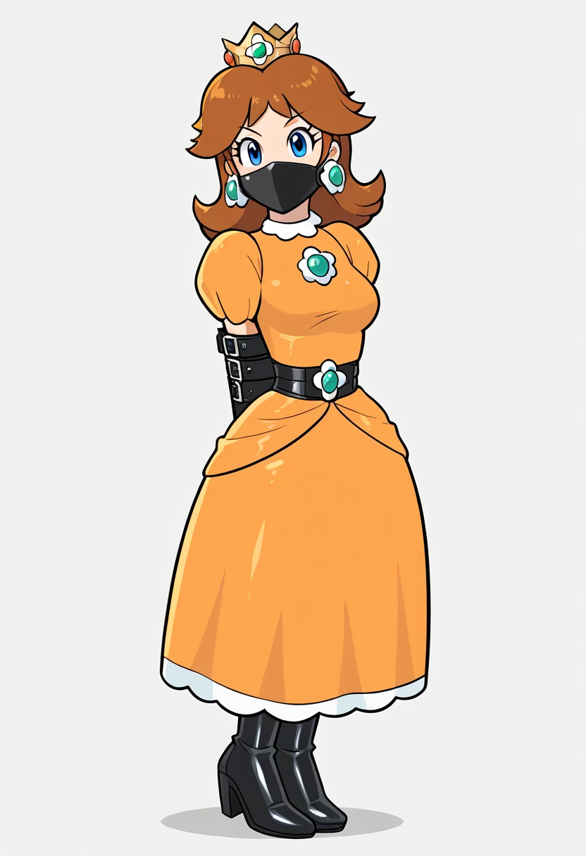 score_9, score_8_up, score_7_up, 1girl, ( (Daisy, princess Daisy from super mario lore, princess Daisy, princess_daisy, orange dress, brown hair, blue eyes, flower earrings, crown), (front view), perfect proportions, simple background, standing, , bound arms, arms behind back, full body, tight mask, black mask,  (armbinder: 1.3),  ) 