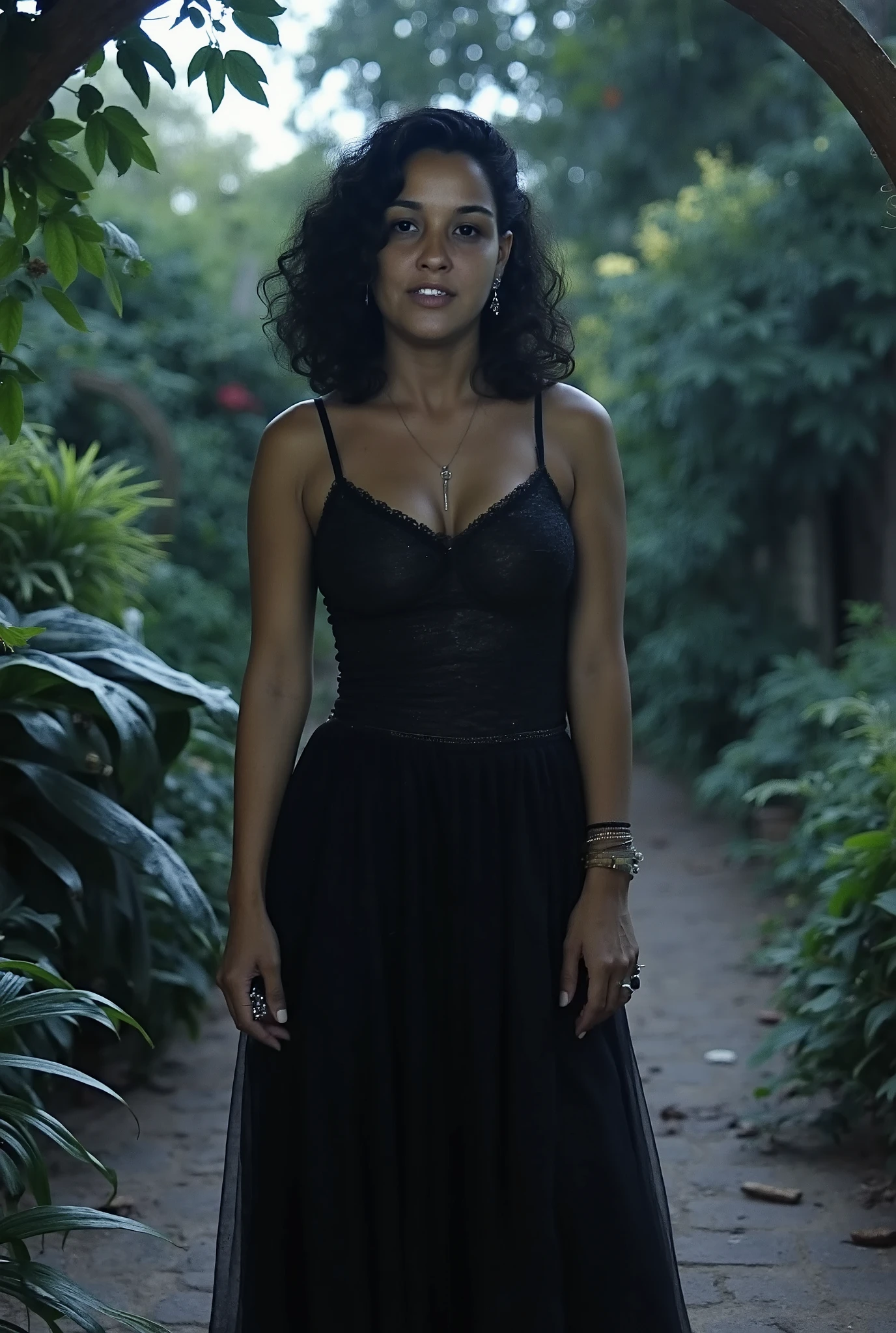  a beautiful woman with black hair and blue eyes ,  Small and thin , standing beside,  beautiful and decadent environment .  In the background of the scene ,  there is a dark shadow that observes the scene without apparently being noticed ,  she is almost indistinguishable from the darkness of the shadows in the environment . night