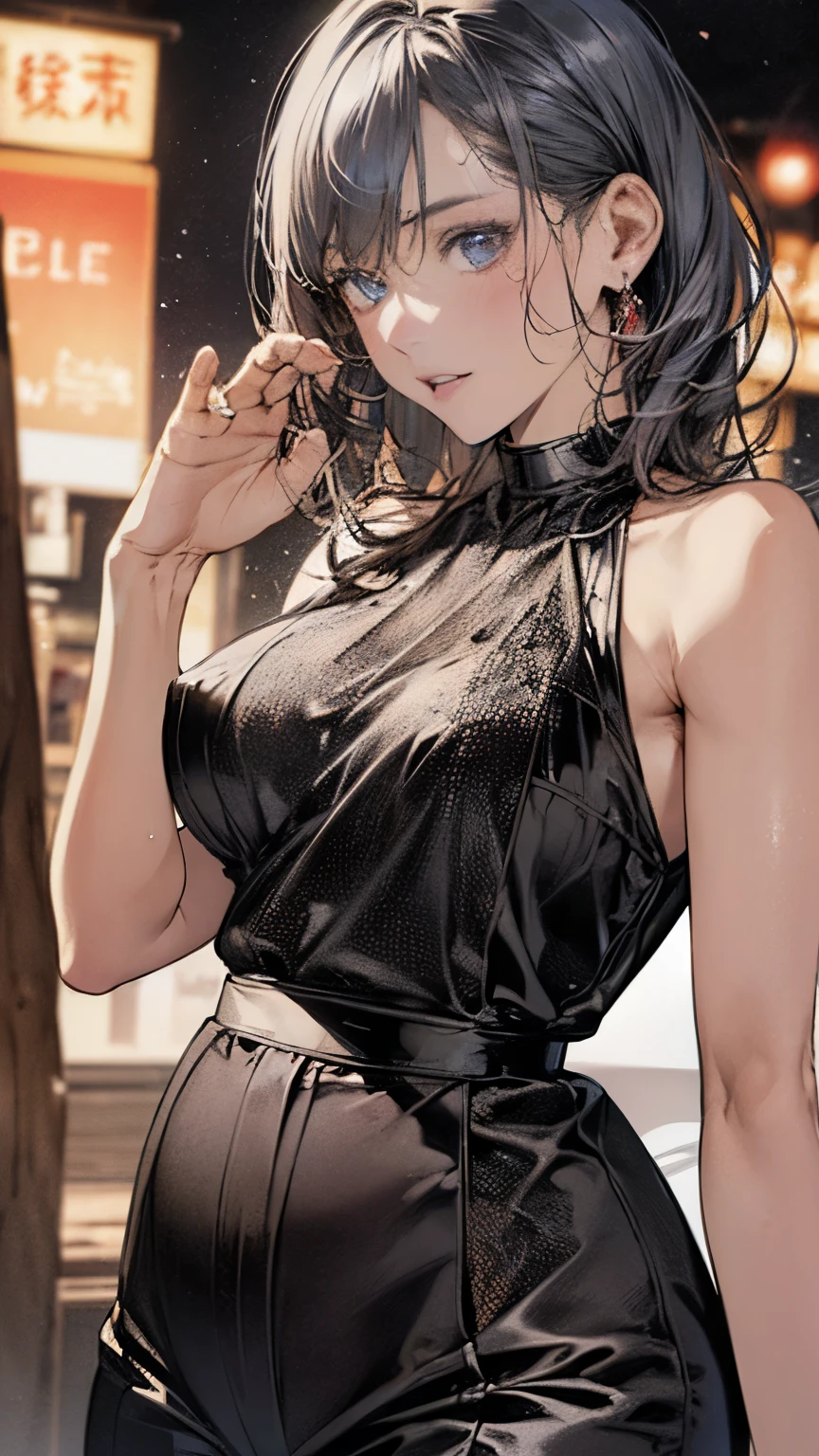 Profitable,Lipstick,Brown eyes,Smile,Black Hair,
Black tights,hood,Looking at the audience,
Upper Body,O-rings,
Science fiction,night,Against the wall,
(Extremely detailed, masterpiece, best quality) Solitary,nipple
