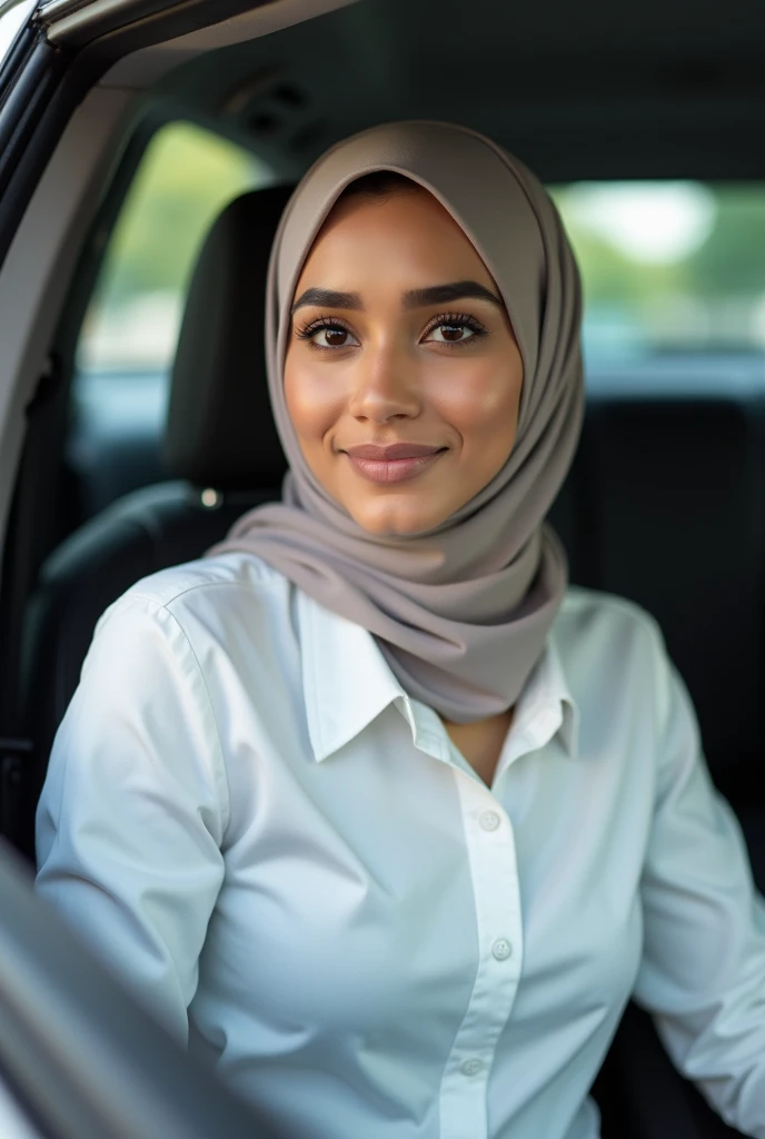 A light-skinned woman wearing a hijab, With plump lips and big eyes, she is in the car looking at the camera with a seductive face