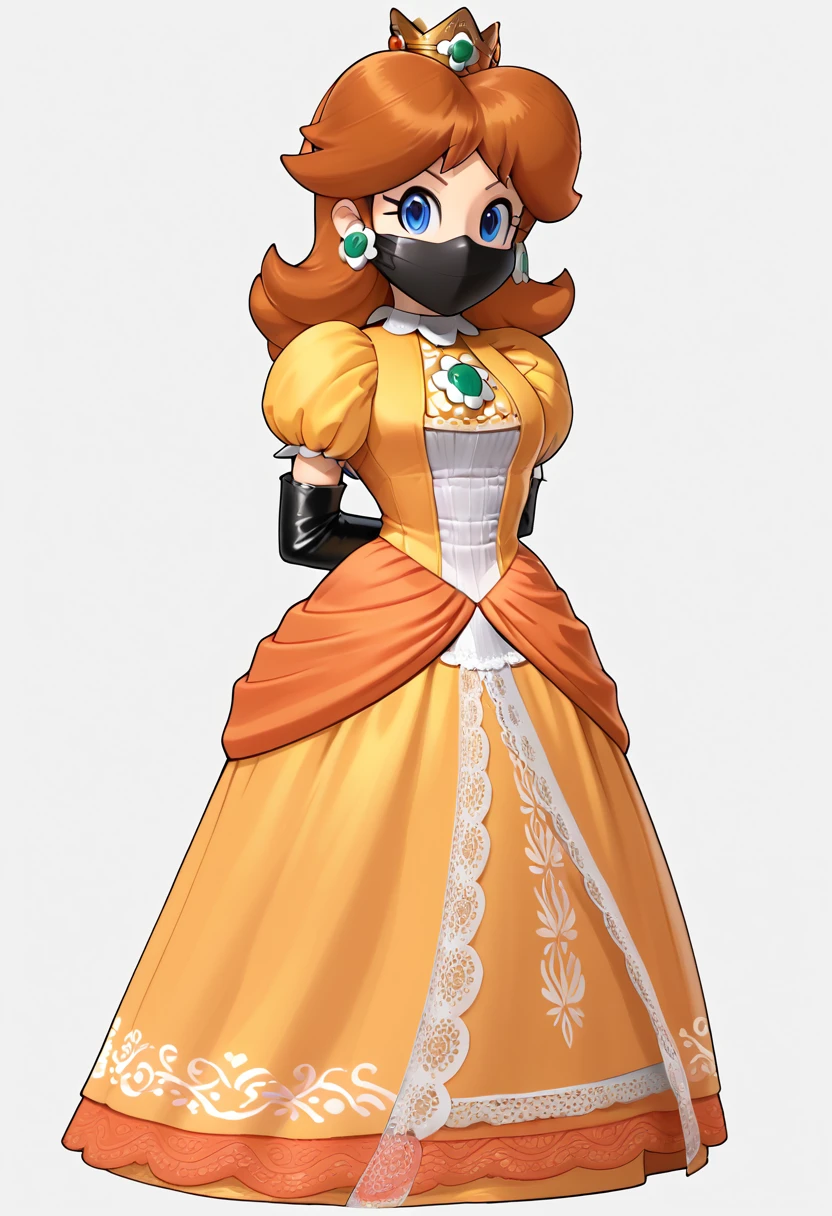 score_9, score_8_up, score_7_up, 1girl, ( (Daisy, princess Daisy from super mario lore, princess Daisy, orange long dress, wearing orange dress, crown), (front view), perfect proportions, simple background, standing, , bound arms, arms behind back, full body, tight mask, black mask,  (armbinder: 1.3),  ) 