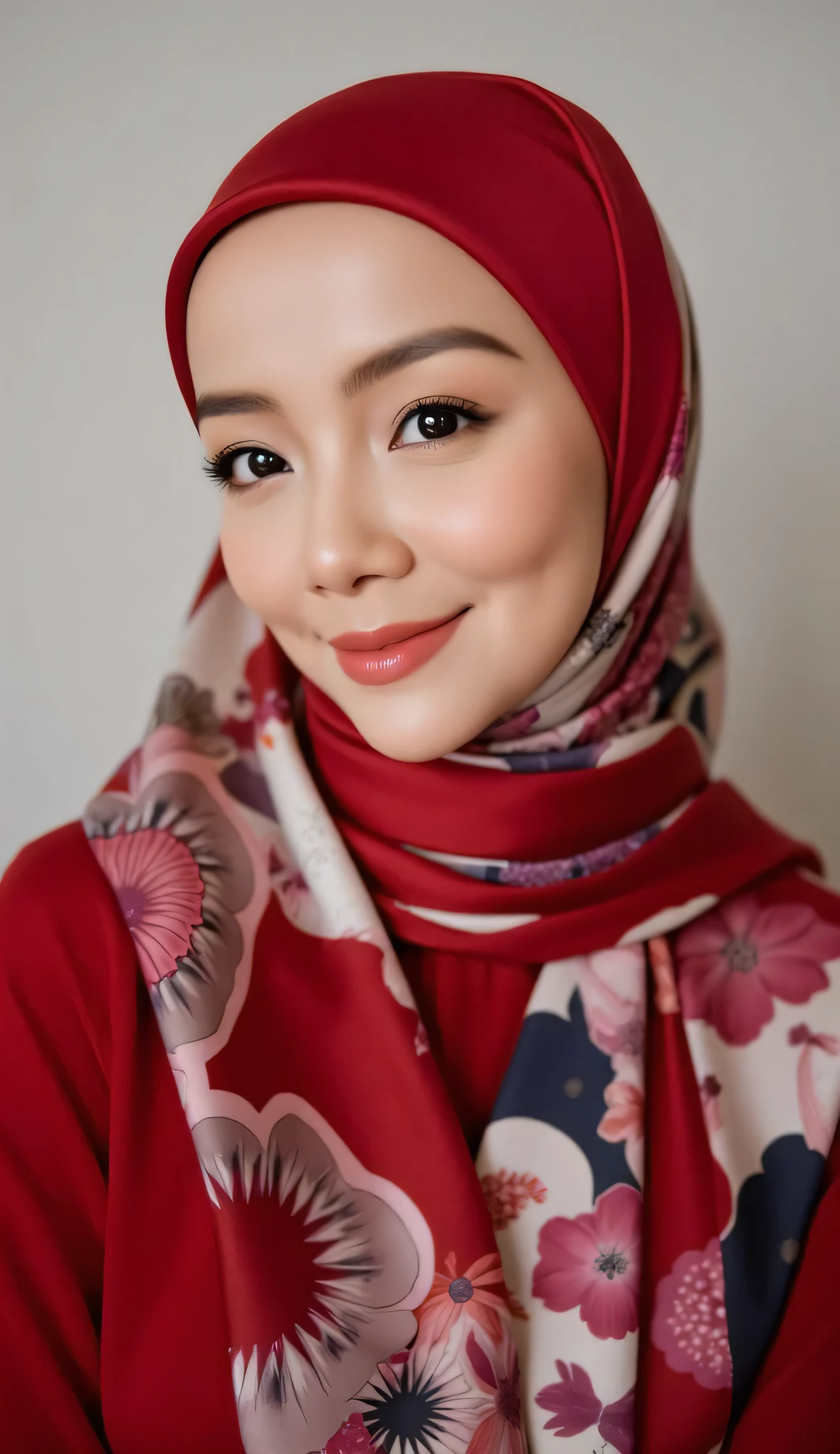 ((Stylish Hijab)), adorable, 1 girl, , baby face, shy, half body portrait,smile,  (face details: 1), (eye details: 1), ((round large breasts, cleavage)). Cute posed. proportional body. Ultra High Res. realistic: 1.4, UHD