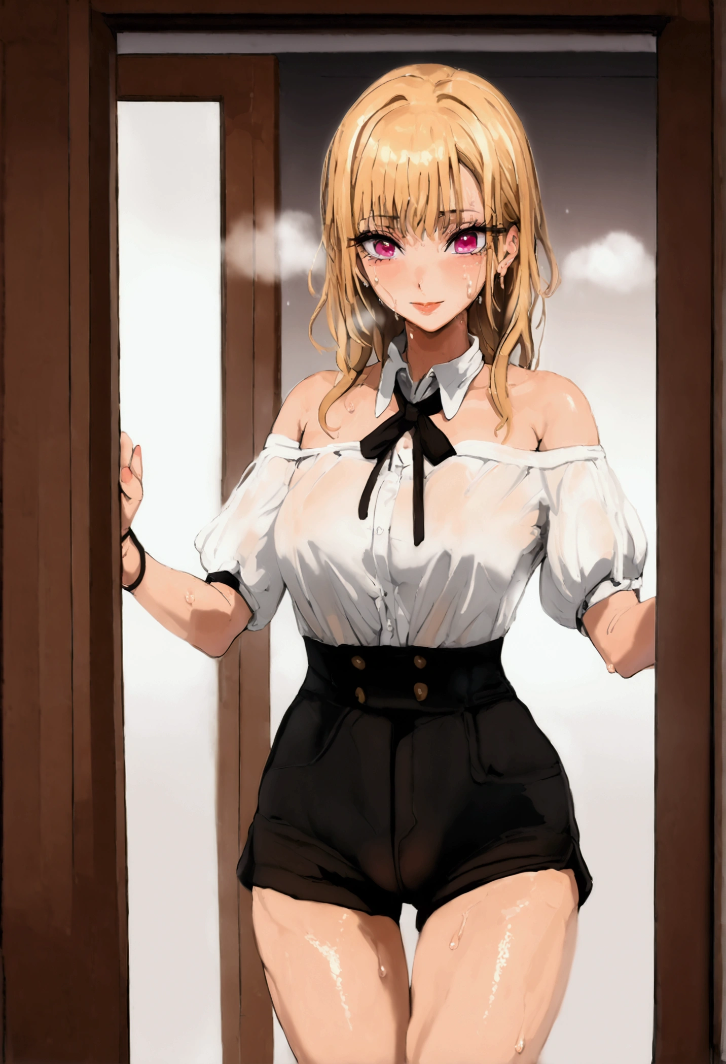 mamimi style, digital painting, Marin Kitagawa, groped by faceless male, blonde hair, dark pink eyes, MarinCasual, off-shoulder shirt, white shirt, bare shoulders, short sleeves, neck ribbon, black ribbon, high-waist shorts, black shorts, buttons,  behind a door, doorway, devious smile, standing, (sweat), fog, stray pubic hair, faceless male behind her,  size difference, peeksex, (Barely) Hidden Sex / NTR, 1 man, 1 girl