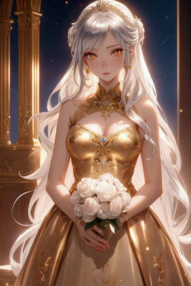 a delicate gilded marble statue of a stunning woman, holding a bouquet of gilded tulips, highly detailed, sublime shapes, fluid colors, color explosion, lavish, intricate fine decorations, anime style, watercolor, perfectly structured, volumetric natural lighting, golden hour, dynamic angle and composition, natural proportions, good anatomy, depth of field, done in Ibis Paint X, 2d illustration,