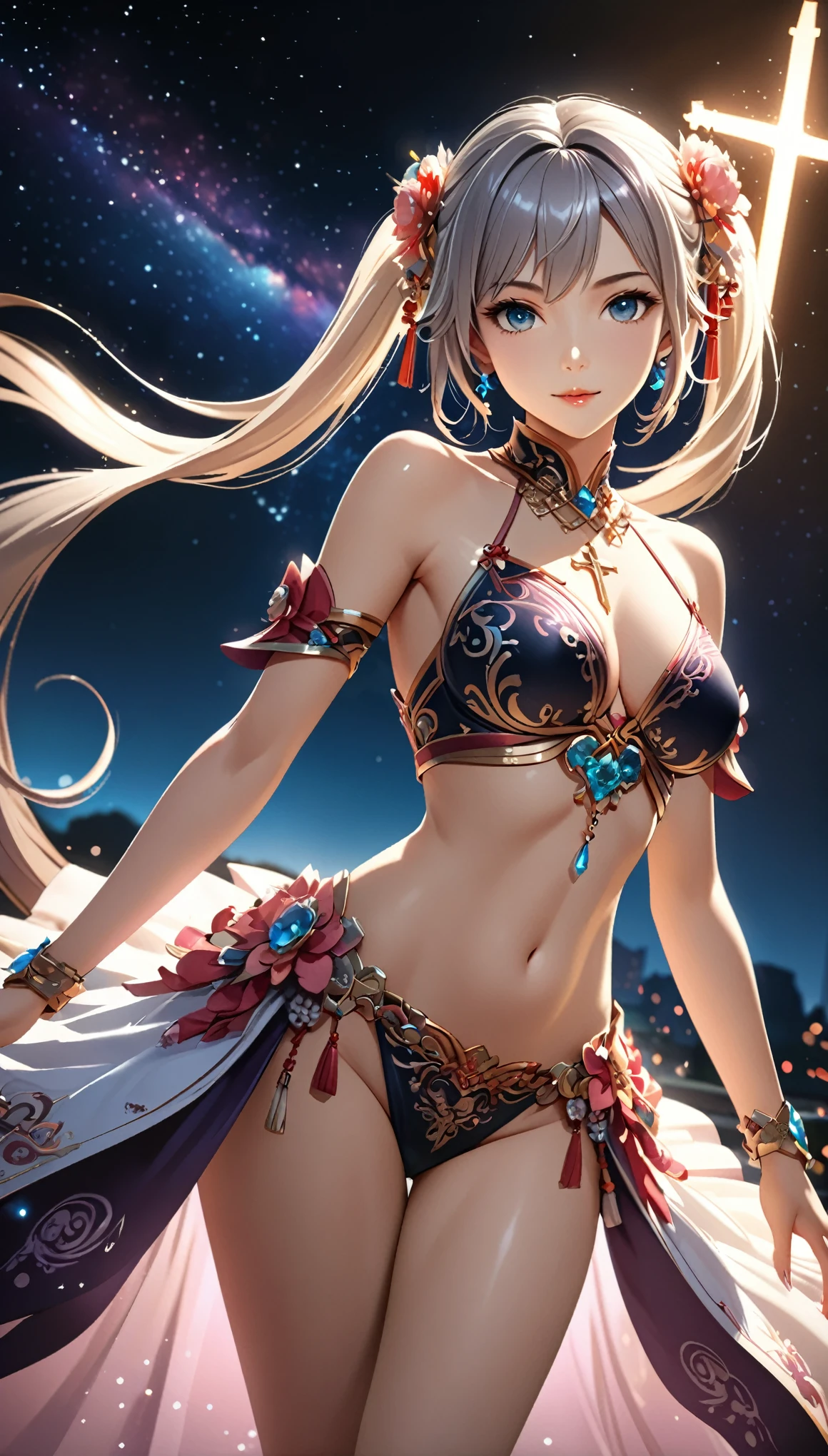 (masterpiece, best quality, supeior quality, intricate details, beautiful, aesthetic:1.2), extremely detailed cg unity 8k wallpaper, sharp focus, high quality, 8k, RAW, ultra details, extremely dellicate and beautiful, real shadow, (challenging look), photorealistic, highly detailed painting, award winning painting, marvelous painting, artistic style, stylized, 1girl, armlet, bare shoulders, red eyes, teashades , bracelet, large breasts, crop top, earrings, fairy, fairy wings, forest, greek, jack-o'-lantern, lantern, lips, long hair, long skirt, looking at viewer, midriff, nature, navel, (night:1.5), outdoors, (purple hair), solo, standing, tree, white skirt, fairy wings, hentai
