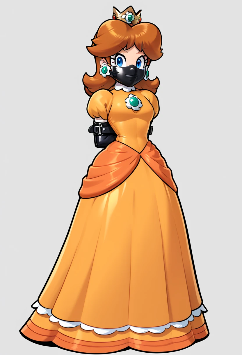 score_9, score_8_up, score_7_up, 1girl, ( (Daisy, princess Daisy from super mario lore, princess Daisy, orange long dress, wearing orange dress, crown), (front view), perfect proportions, simple background, standing, , bound arms, arms behind back, full body, tight mask, black mask,  (armbinder: 1.3),  ) 