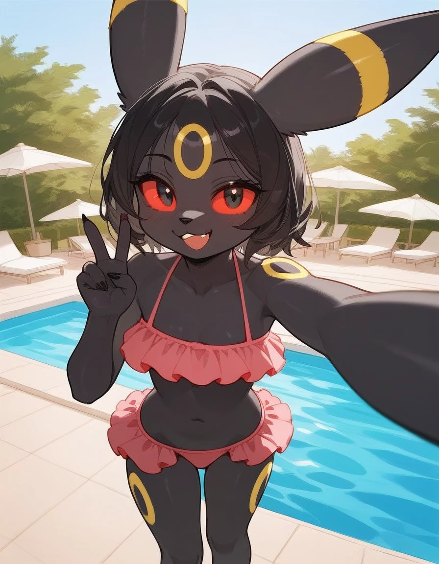 tewi, 1girl,short hair, dark hair, black skin, rabbit ears, pink bikini, coloured skin, tan, bamboo forest, water, smug smile