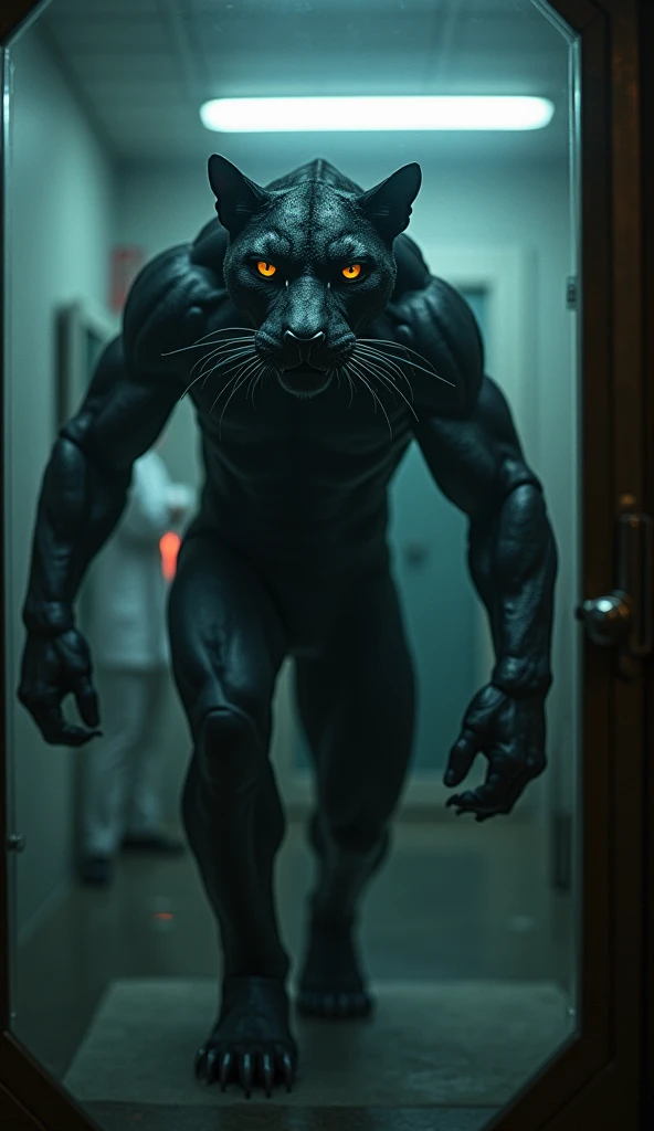 "A black panther with a muscular human-like body, exhausted and entering a shabby room inside a dilapidated home. The panther's body, covered in sleek black fur with defined muscles, shows clear signs of fatigue, and its head—marked by tired, bright yellow eyes—reflects weariness from a long day. The panther is wearing ragged work clothes that are slightly torn and dusty. The room inside the home is in poor condition, with cracked walls, broken furniture, and a bare, flickering light bulb hanging from the ceiling. The floor is covered in dirt and debris, and a single, worn-out bed with a thin blanket is pushed against one wall. The panther stands in the doorway, shoulders slumped, taking a deep breath as it prepares to finally rest."