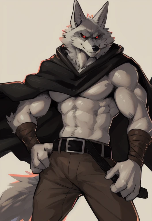 (by zackary911, anime, soft hatching) anthropomorphic, solo, human anatomy, adult, tall, mature, anthro, (skinny muscles, pecs, biceps, fit body), (DEATH (Puss in boots), white fur, wolf ears, wolf tail, red pupils, black sclera), (armbands, brown pants, belt around waist, black cloak, black cape), (posing, smirking, pose, dynamic pose)