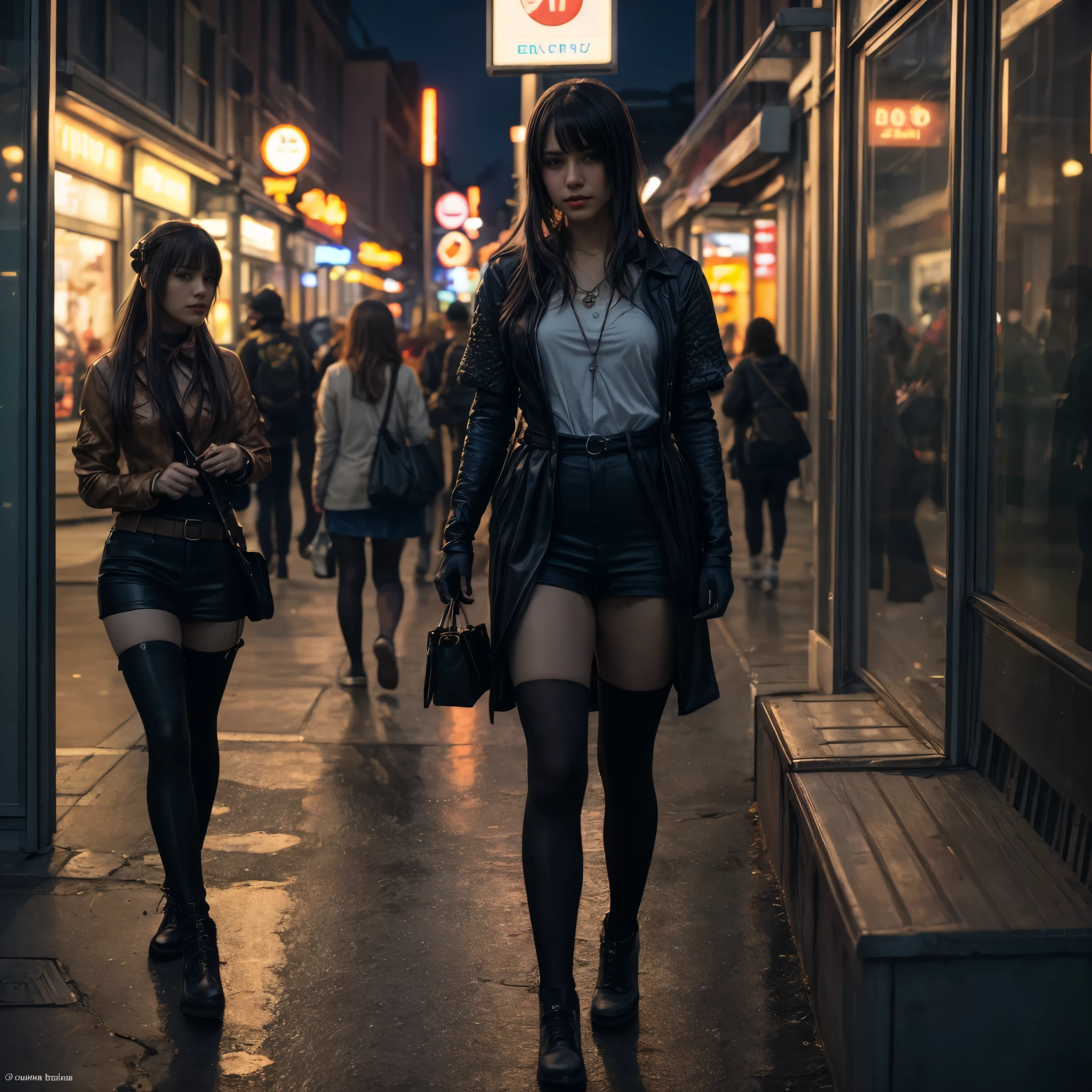 Enhanced Realism: Create a hyper-realistic image of a beautiful woman cosplaying [Furude Rika], with crisp details in her costume and a well-defined urban environment. Focus on Detail: Produce a high-resolution image where every component of the costume, from fabrics to accessories, is clearly detailed, and the urban environment shows realistic textures and elements. Textures and Materials: Generate an image that highlights the textures of the cosplay costume, including fabric, metal accessories, and any other materials, with accurate reflections and shadows. Environment and Scenery: Create an urban scene with modern buildings, city lights, and street elements such as cars, road signs, illuminated shops, and people in motion, while maintaining a high level of detail and realism in each component. Buildings should have realistic architectural details, windows with reflections and lights that add depth to the scene. Props and Cosplay Elements: The costume should include character-specific details, such as jewellery, weapons, or any other distinctive accessories, with a clear focus on texture and shine. Include detailed make-up and hairstyle befitting the character, highlighting vivid colours and design accuracy. Interaction with the Environment: The woman cosplaying should be interacting with the urban environment, such as walking down a street, posing by a fountain, or sitting on a park bench, with realistic shadows and reflections that give depth to the image. Lighting and Shadows: Use natural day or night lighting depending on the context of the cosplay, with detailed shadows and lighting effects that bring out the sharpness of the costume and environment. Include lighting details of buildings, such as neon signs, lampposts and illuminated shop windows, that add atmosphere to the scene. Technical settings: Use ultra high definition to ensure edge sharpness and colour accuracy. Apply realistic lighting and detailed shadows to increase the depth and realism.