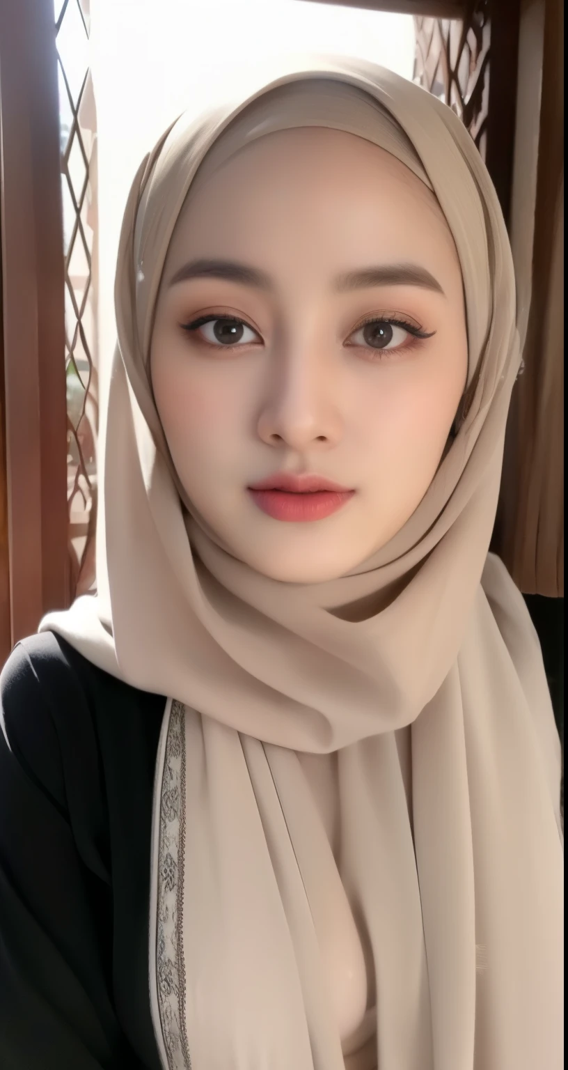 ((wear hijab in head)), pretty hijab girl, in caffe, caffe shop,beutifull long eyelashes, brown eyes, (intricate eye details), detailed nose, detailed lips, elegant face, detailed face, detailed eyes, detailed hijab girl, wear hijab girl, wear hijab, wear hijab in head, big breasts, no bra, ((No Bra)),big nipples, (nude big tits), show your breasts, show your big tits, ((nude bra)), open long clothes,((long abaya clothes)), clothes long outfit trendy, clothes long, clothes long, sexy waist, hijab girl, caffe background,masterpiece, (close-up shot portrait), position:standing, photorealistic, HDR, UHD, professional, vivid colors, warm lighting,night,masterpiece, realistic beautifull hijab.