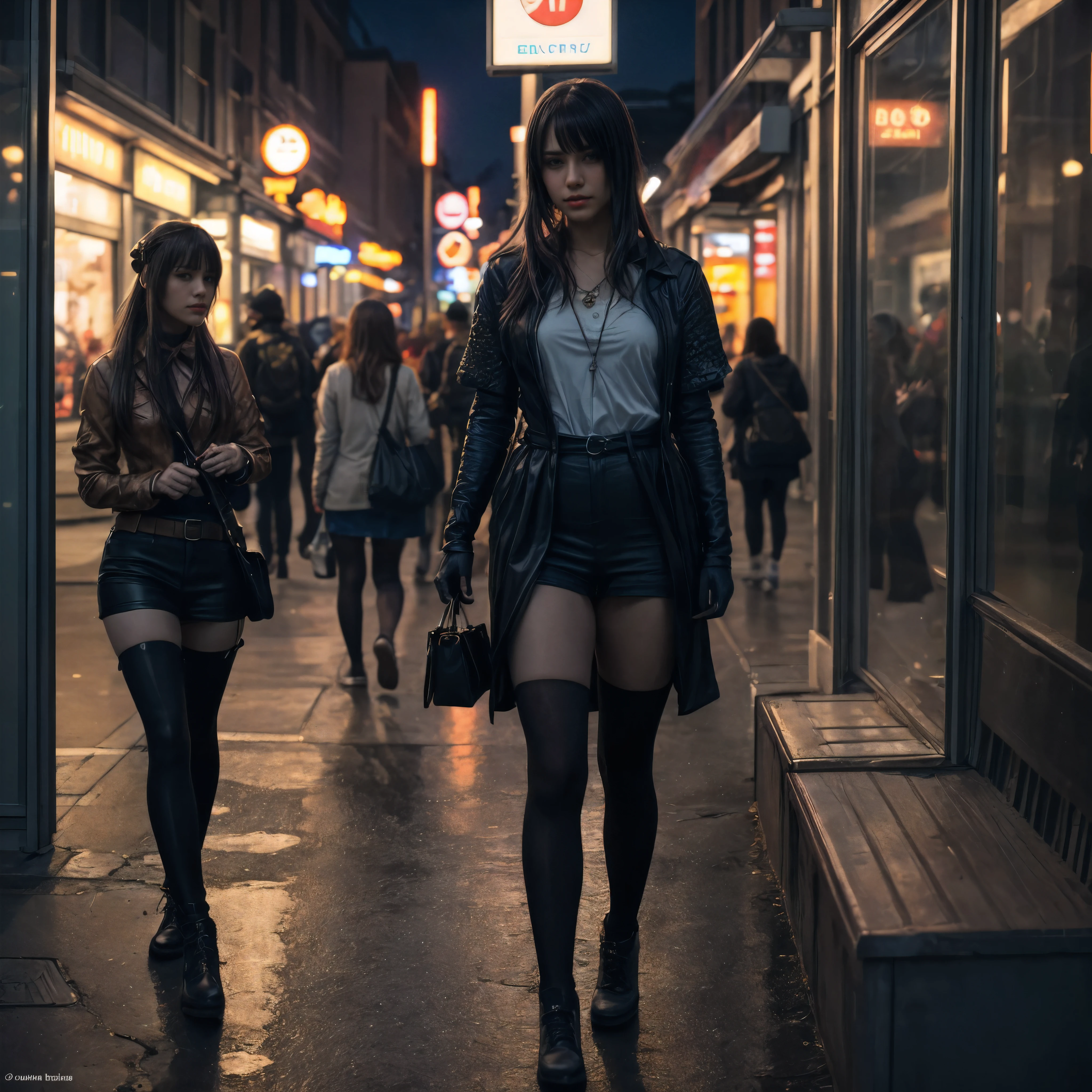 Enhanced Realism: Create a hyper-realistic image of a beautiful woman cosplaying [Furude Rika], with crisp details in her costume and a well-defined urban environment. Focus on Detail: Produce a high-resolution image where every component of the costume, from fabrics to accessories, is clearly detailed, and the urban environment shows realistic textures and elements. Textures and Materials: Generate an image that highlights the textures of the cosplay costume, including fabric, metal accessories, and any other materials, with accurate reflections and shadows. Environment and Scenery: Create an urban scene with modern buildings, city lights, and street elements such as cars, road signs, illuminated shops, and people in motion, while maintaining a high level of detail and realism in each component. Buildings should have realistic architectural details, windows with reflections and lights that add depth to the scene. Props and Cosplay Elements: The costume should include character-specific details, such as jewellery, weapons, or any other distinctive accessories, with a clear focus on texture and shine. Include detailed make-up and hairstyle befitting the character, highlighting vivid colours and design accuracy. Interaction with the Environment: The woman cosplaying should be interacting with the urban environment, such as walking down a street, posing by a fountain, or sitting on a park bench, with realistic shadows and reflections that give depth to the image. Lighting and Shadows: Use natural day or night lighting depending on the context of the cosplay, with detailed shadows and lighting effects that bring out the sharpness of the costume and environment. Include lighting details of buildings, such as neon signs, lampposts and illuminated shop windows, that add atmosphere to the scene. Technical settings: Use ultra high definition to ensure edge sharpness and colour accuracy. Apply realistic lighting and detailed shadows to increase the depth and realism.