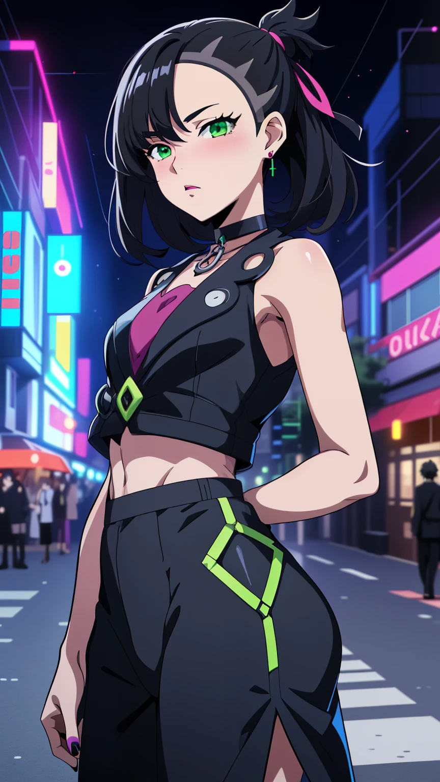 Marnie Pokemon, Marnie \(Pokemon\), blue-green eyes, green eyes, black hair, medium hair, asymmetrical bangs, black choker, red hair ribbon, earrings, black nail polish, (short:1.2), small breasted, (masterpiece, highest quality, highly detailed, 8k:1.2), Perfect eyes, detailed eyes, 
Ecchi anime style, anime girl, Ecchi style, digital anime art, anime style, official artwork, visual novel CG, beautiful anime girl, anime style 4K, (niji cyberpunk clothing, city, night),