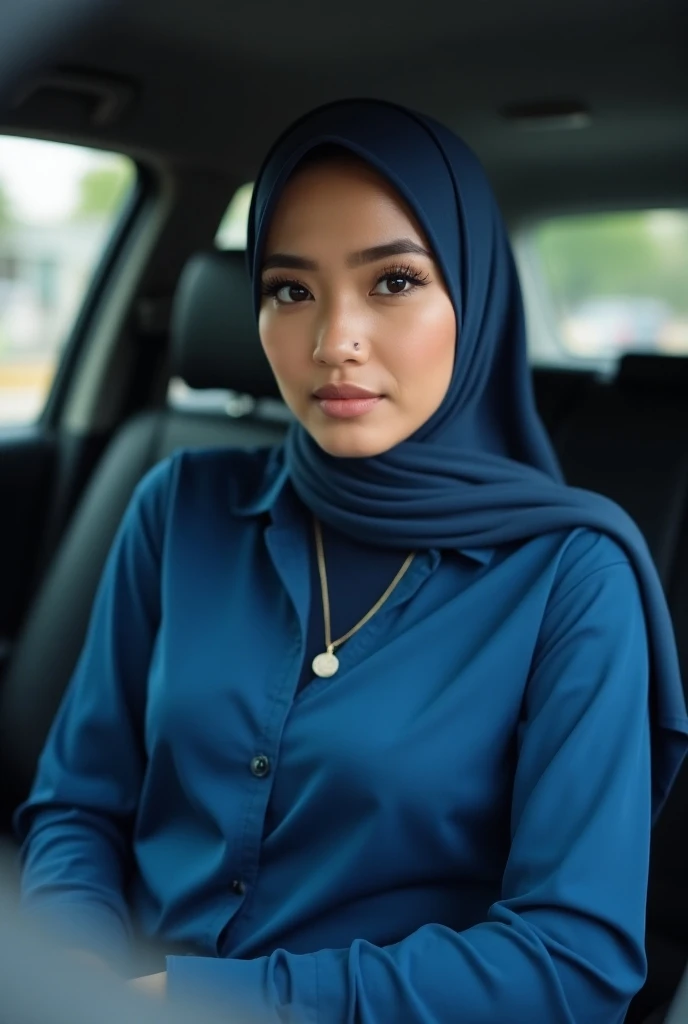 Picture taken with Sony A7RIV, realistic, 8K, Hi-Res picture, masterpiece, perfect facing viewer shoot, detailed complicated background, Gorgeous twenty years old Indonesian girl, natural body, wearing black hijab, black mechanic coverall, stand, automotive workshop in Jakarta 