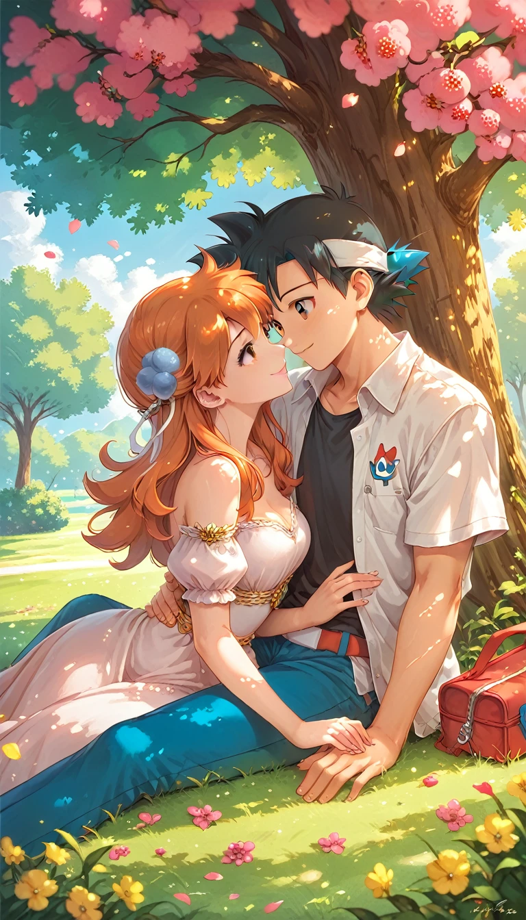 Ash_pokemon , black hair, brown eyes, smile soft .ash Ketchum ,1 guy. Misty_pokemon , Berry Short,Orange Hair, soft skin, a couple sitting on the grass in a park under a tree, beautiful anime, anime picture, lovely couple, beautiful anime style, boy girl traditional romance, beautiful anime art style, high quality anime artstyle, pin on anime, romantic couple, artwork in the style of guweiz, couple pose, beautiful anime scene, handsome anime pose 