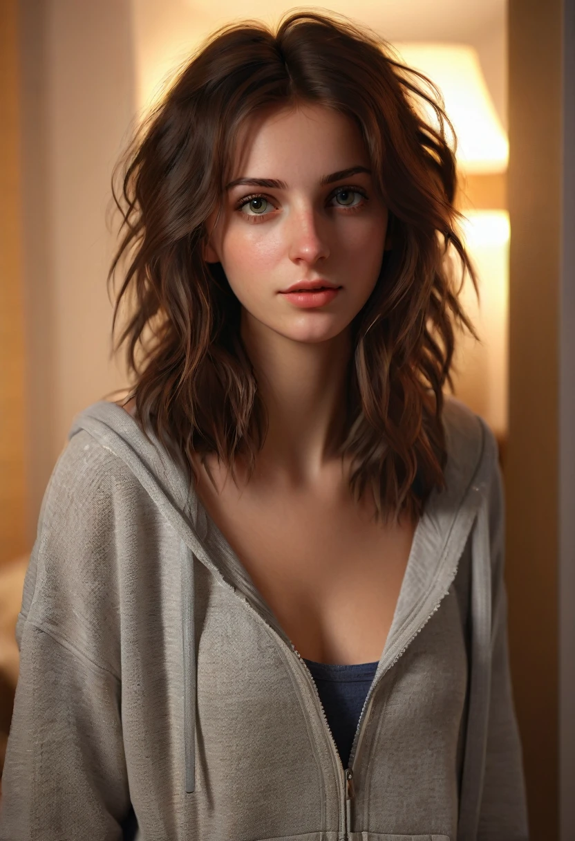 Realistyczne, jęcie Realistic, Photorealistic, Extremely attractive 26 yo girl, 1girl solo, brunette, close-up, girl next door, baggy clothes, night, interior, messy hair, UDAN rendering enabled on ultra