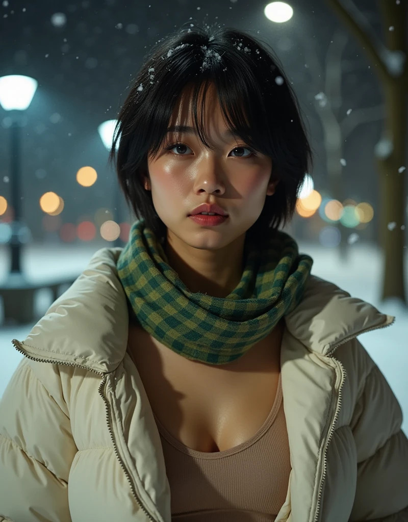 8k, RAW photo, best quality, masterpiece, real, realistic like a film photo, ((No flash shooting: 1.4)), ((Dark photo: 1.4)), (Snowy night in midwinter: 1.4), Quiet park in New York, winter fashion, (warm white down coat with open chest, tempting a man: 1.4), (Wearing a beige thin tube top and (warm green checked scarf around the neck: 1.4)), One Asian woman, black and silver short messy hair, small face, thin nose, thin lips, blushing cheeks, white breath, moist eyes ((Emphasizing her huge breasts: 1.4)), Solo, expression of yearning for something, ((Temptation from a beautiful woman: 1.4)), Dim park lights, (Seducing the viewer with captivating eyes: 1.4), Falling snow, dark and blurry snow-covered park scenery blurs,