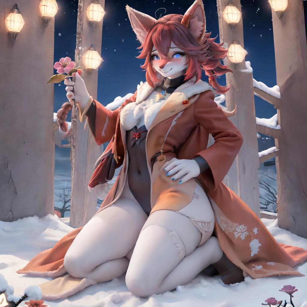 Furry, furry girl, wolf girl, solo girl, full body portrait, full fur, red fur, full tail, red hair, long hair, straight hair, hair with braid, crown braid, a brooch in the hair, brooch pattern in flower, almond-shaped eyes, blue-colored eyes, shy smile, charming look, red cheek, long coat, warm coat, fur coat, black-colored coat, coat with blue-colored flower pattern, snow wallpaper, atmosphere cold, night background, starry sky, snowflake,