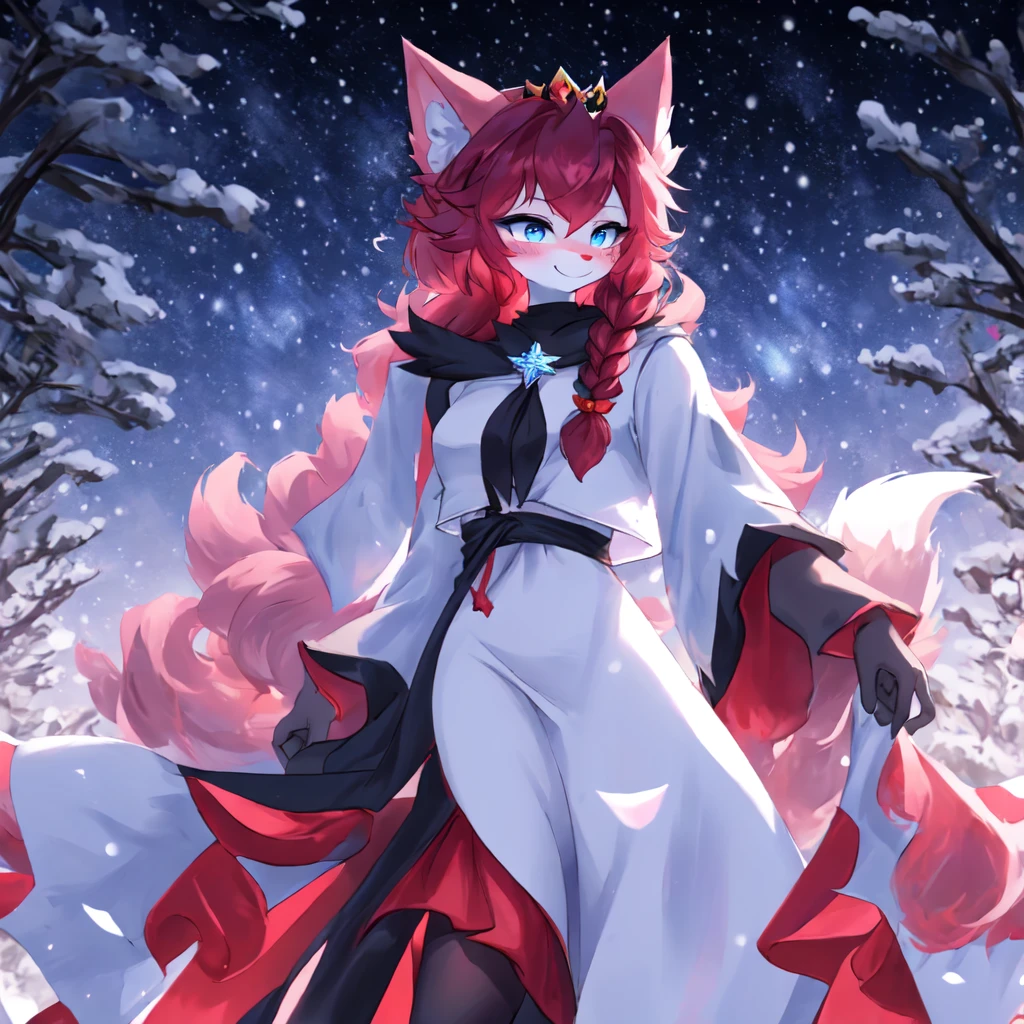 Furry, furry girl, wolf girl, solo girl, full body portrait, full fur, red fur, full tail, red hair, long hair, straight hair, hair with braid, crown braid, a brooch in the hair, brooch pattern in flower, almond-shaped eyes, blue-colored eyes, shy smile, charming look, red cheek, long coat, warm coat, fur coat, black-colored coat, coat with blue-colored flower pattern, snow wallpaper, atmosphere cold, night background, starry sky, snowflake,