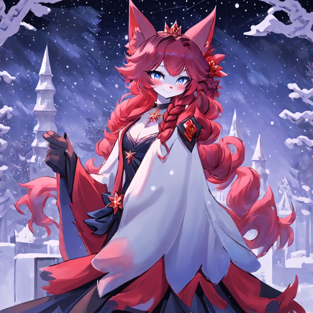 Furry, furry girl, wolf girl, solo girl, full body portrait, full fur, red fur, full tail, red hair, long hair, straight hair, hair with braid, crown braid, a brooch in the hair, brooch pattern in flower, almond-shaped eyes, blue-colored eyes, shy smile, charming look, red cheek, long coat, warm coat, fur coat, black-colored coat, coat with blue-colored flower pattern, snow wallpaper, atmosphere cold, night background, starry sky, snowflake,