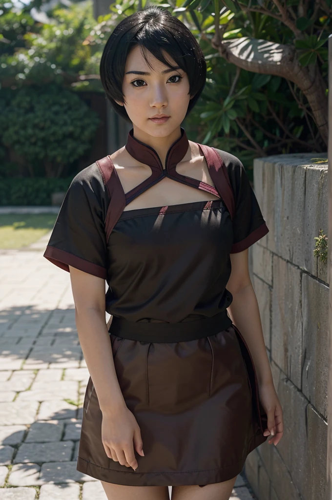 Kurotsuchi ,  young and very beautiful Asian girl with short black hair,  female Naruto character, ultra realistic, anime,  light clothing , summer, Surprised, Serious and blush-faced ,  character from Game of Thrones.