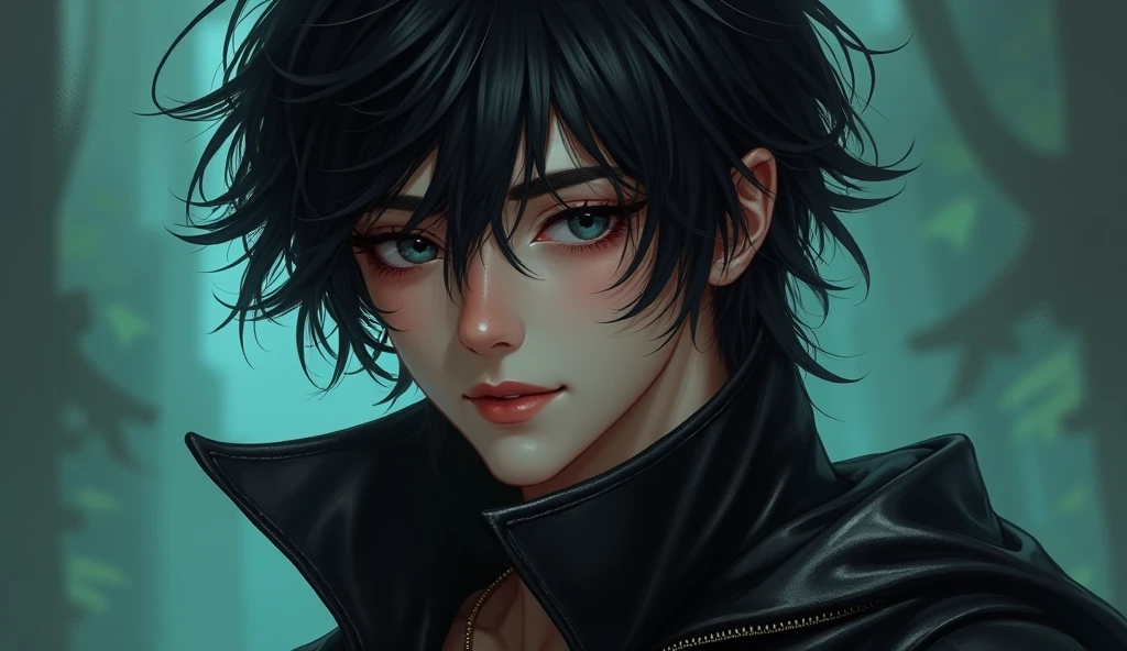 masterpiece, best quality, 1man, adult, male focus, solo, medium black hair, vibrant black eyes, looking at viewer, closed mouth, emo, Fantasy aesthetics, Highly detailed, shadowverse style, leather coat