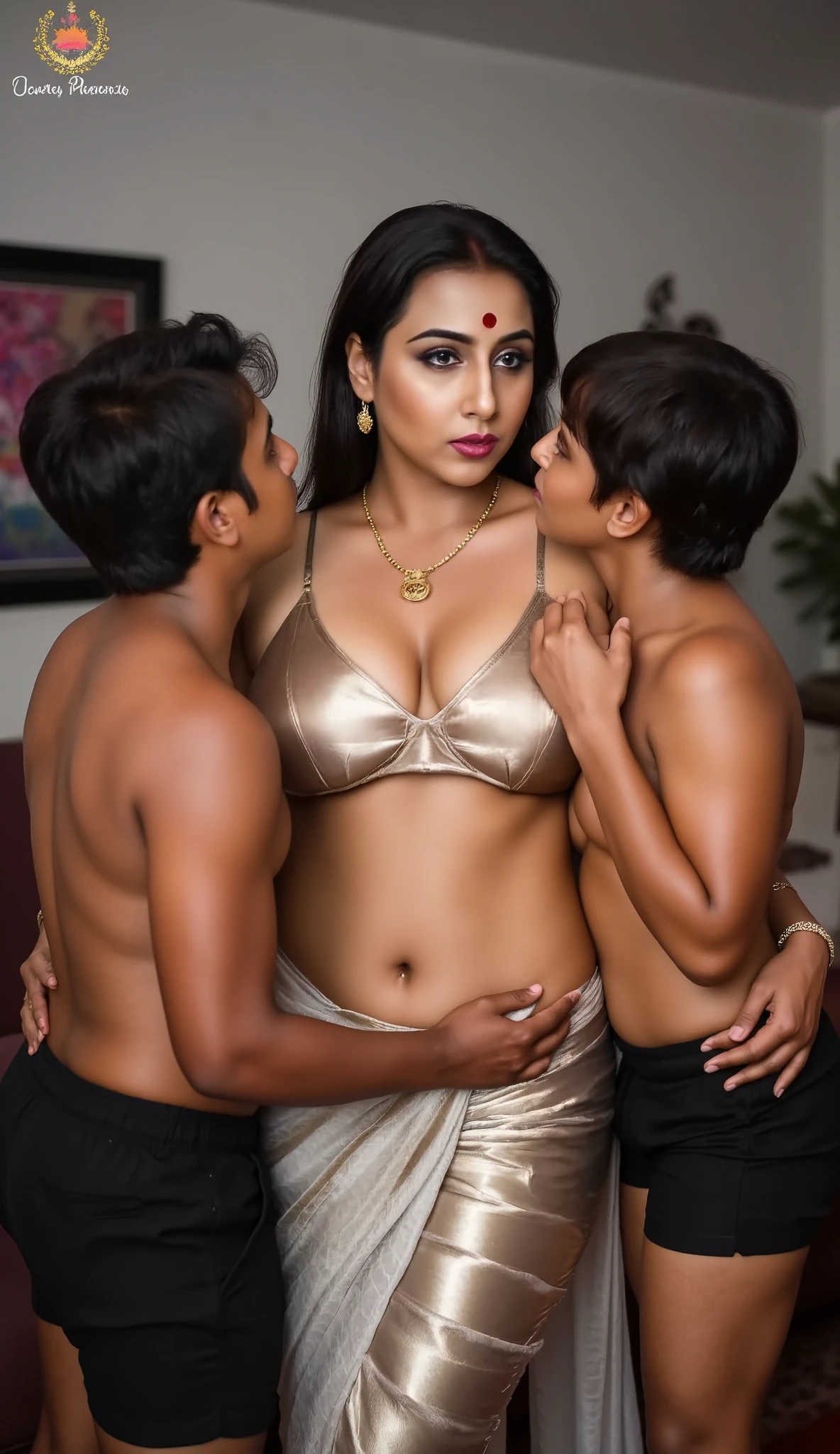 The image is a high-resolution photograph featuring an intimate, indoor scene with two people. The subject is a middle-aged woman, likely of Indian descent, with a medium skin tone, and a well-defined facial structure. She is dressed in traditional Indian attire, wearing a silver shiny silk sleevless deep low neck bra and a glossy reflective gold leggings, Voluptuous-body,

Her hair is neatly pulled back into a low big bun. She accessorizes with simple gold jewelry, including a gold necklace and matching earrings. Her expression is sexy and biting lips, seducing expression,two young black boy stading on both side of woman and hugging and kissing her from both side. Side view of woman

The boys wearing a black shorts only,The background reveals a domestic interior with white light maroon walls, a piece of furniture with a colorful abstract painting hanging on it, and a hint of other household objects, suggesting a warm and lived-in space. The lighting is soft, enhancing the emotional intensity of the moment captured.full length image,side view only,