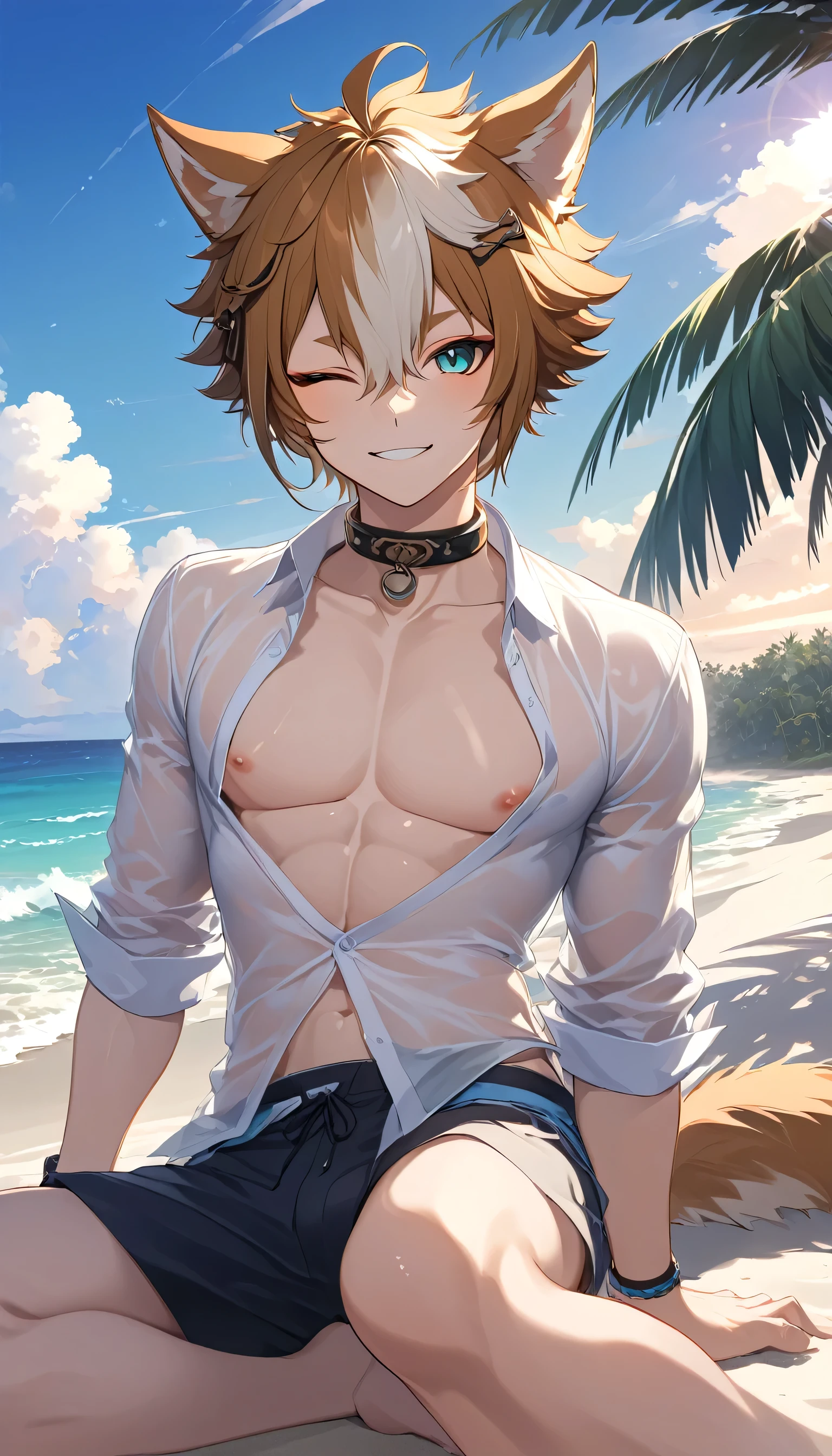 absurdres, highres, ultra detailed, HDR, master piece, best quality, perfect face, beautiful eyes, Quincy, blonde hair, slicked back hair, ruffled hair, expressive amber eyes, Nu Carnival, solo, sexy man, handsome, horny, lewd, cropped white jacket, blue long sleeves, necklace, showing the chest, black tight boxers, island, sea, beach, petals, summer land