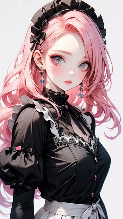 Long pink hair, fluffy perm
Droopy eyes and blue pupils
Easygoing atmosphere
Black clothes with cute frills
Sophisticated
Large breasts
