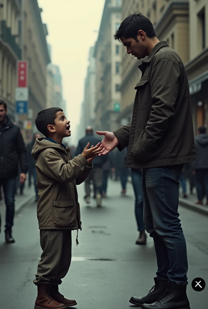 A 2 boy try to talking with middle age peoples in which 2 females and 4 males who standing Infront of his , the boy opening his hands and try to explain something, background is a normal road, little dark theme , 8k very ultra realistic