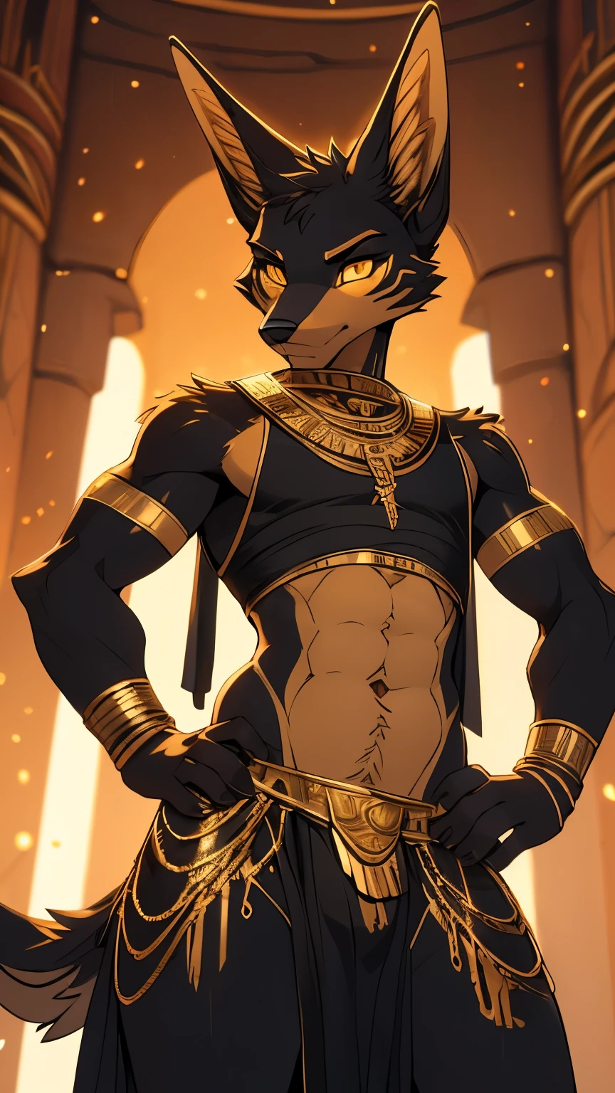 Masterpiece Best quality, the best definition to add aesthetic and lighting details Black boy jackal, egiptian clothes, gold crop top, boy, fit, flat stomach, black body, egipt landscape, golden tattoo body, broad shoulders, sensual eyes, yellow pupil, femboy, belly dancer, sexy pose, hand on hip