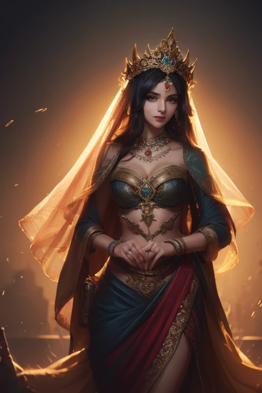 a beautiful hindu goddess, detailed face, piercing eyes, full lips, long flowing black and golden dress, holding a trishul, a majestic lion nearby, intricate jewelry, glowing ethereal aura, highly detailed, photorealistic, dramatic lighting, vibrant colors, ornate background, digital art