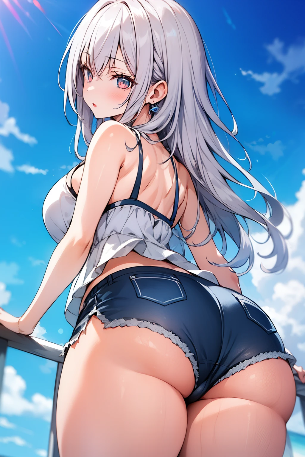 high quality、最high quality、Complete limbs、Ultra-high resolution、Sparkling eyes、Full Finger、Slender beauty、1girl, kei karuizawa, Wear a school swimsuit、Glowing Skin、Bat angle, from behind, adjusting clothes