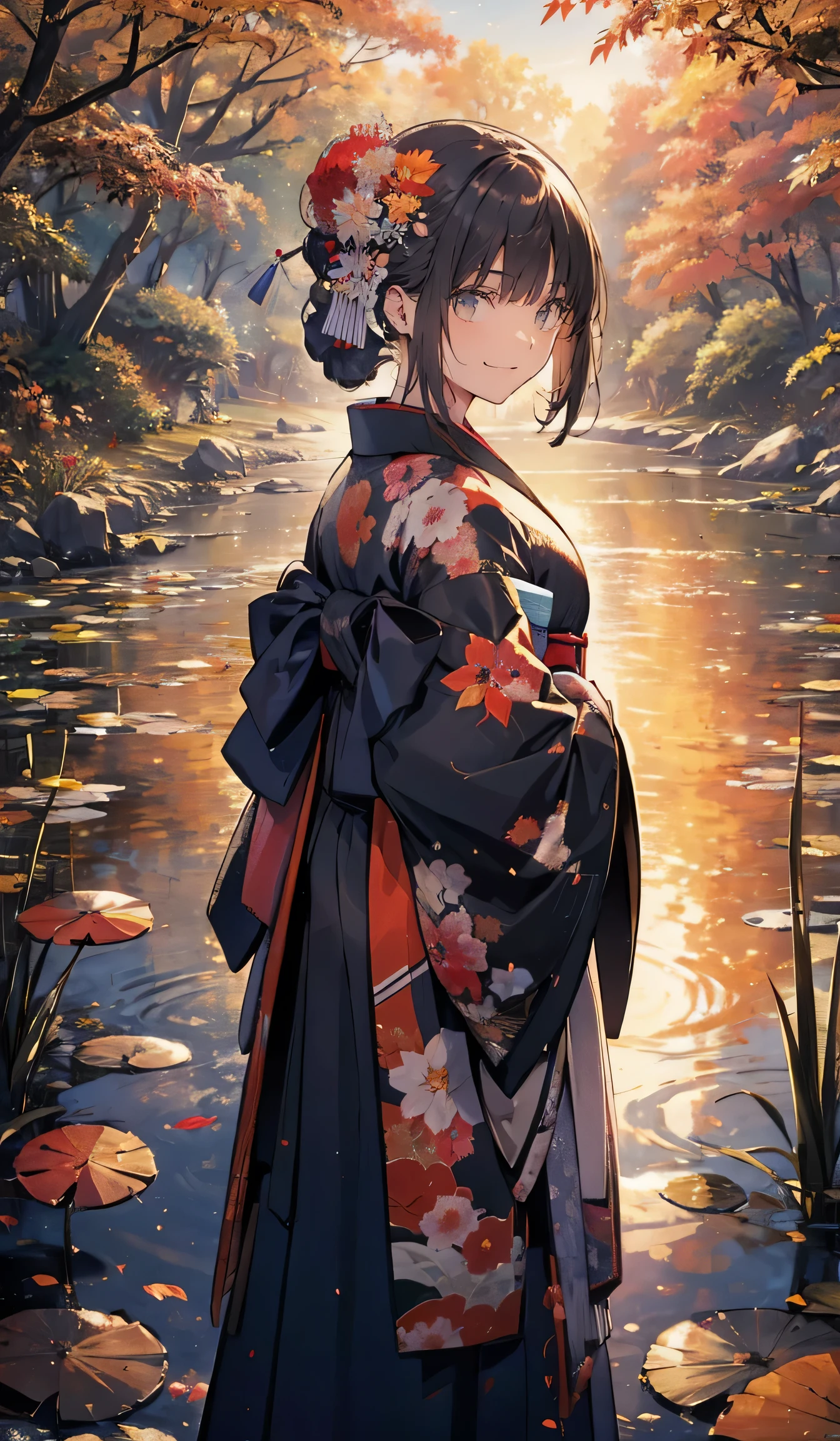 (masterpiece, best quality:1.2), nsfw, (1girl, solo), 20years old, (full body, wide shot:1.1), (black kimono, undressing, black bikini bra, bare shoulder), (demon horns:0.8), gleaming skin, squatting on the river side