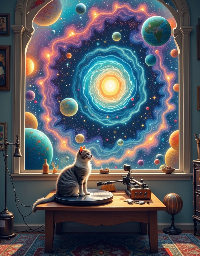 A surrealistic digital painting of a vintage record player sitting on a wooden table. As the record spins, a swirling galaxy spills out from the speaker, engulfing the room in stardust and nebulae. Planets and stars orbit around the record player, casting an ethereal glow on the surrounding objects. A cat sits on the table, seemingly unfazed, gazing curiously at the cosmic phenomenon. The room is dimly lit, with warm light emanating from the galaxy. The scene has a whimsical and dreamlike quality, with intricate details and a vibrant color palette. 8k resolution, fantasy art, trending on artstation, award-winning.