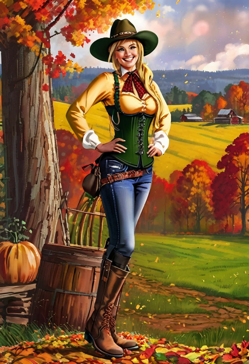 a woman with long blonde hair, long thick pigtails, green eyes, big rim hat, wearing farm clothes with a underbust corset, cowboy boots on a farm, well detailed, smiling, big breasts, trees in the background, HDR, ultra resolution, well defined, masterpiece, 8K HD. (solo woman), autumn, fall colors, harvest time,
